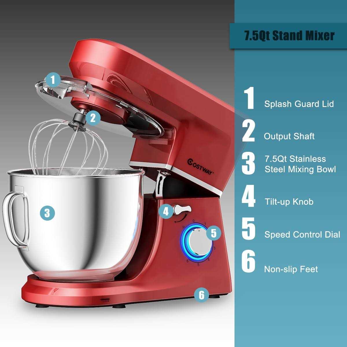 Costway 7.5 qt Tilt-Head Stand Mixer 6 Speed 660W with Dough Hook - Image 4