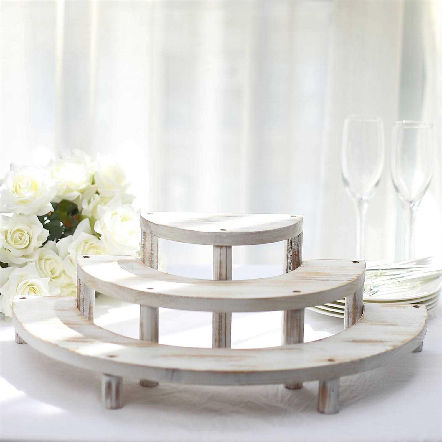 Efavormart Set Of 3 Rustic Whitewashed Wood 3-Tier Semicircle Dessert Pedestals