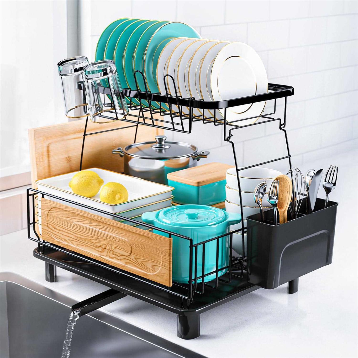 Dish Drying Rack for Kitchen Counter Large 2 Tier Rustproof Stainless Steel Dish Drainers with Drainboard & Rotatable Drain Spout