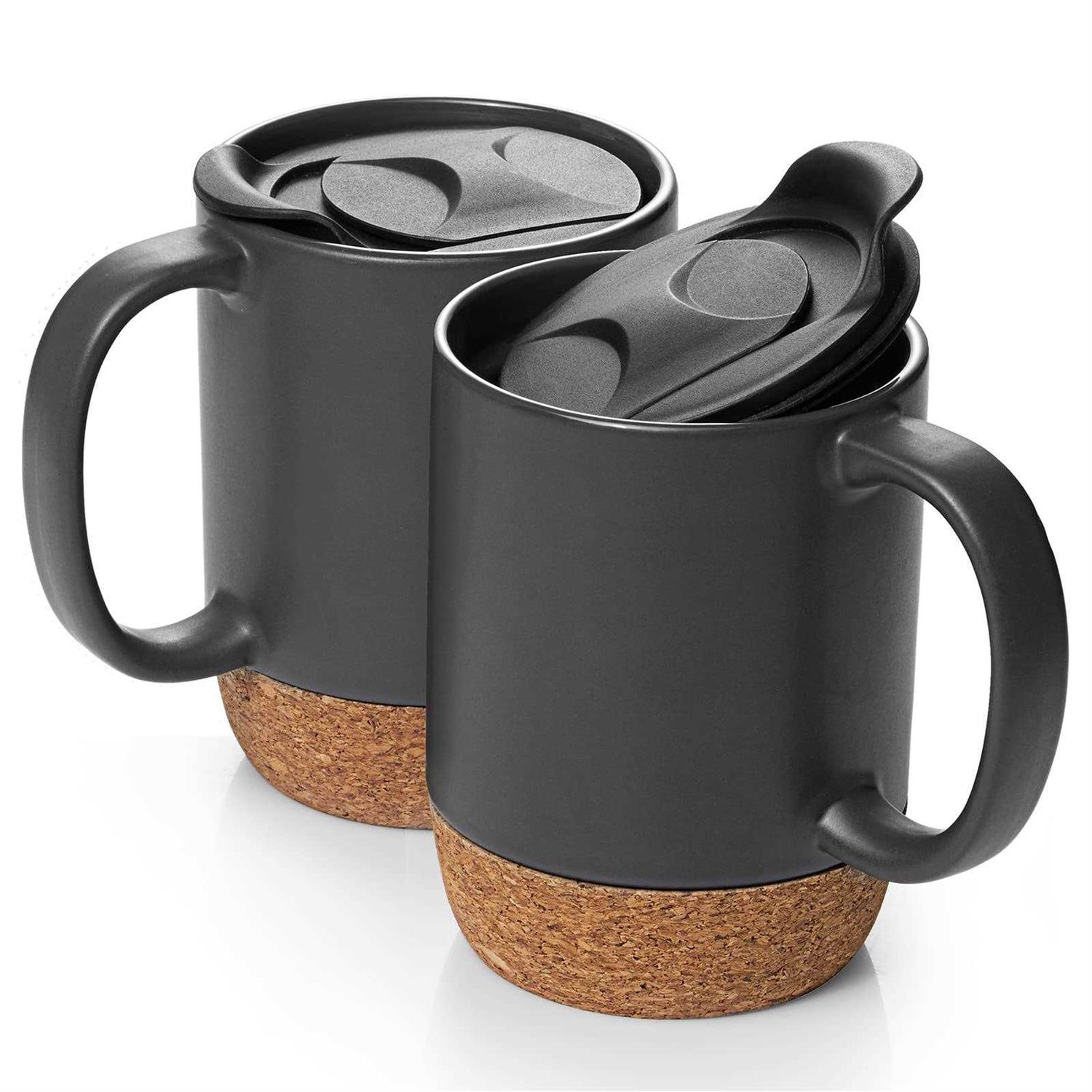 DOWAN Coffee Mugs, 15 oz Mug Set of 2, Large Ceramic Coffee Mug with Cork Bottom and Spill Proof Lid for Men