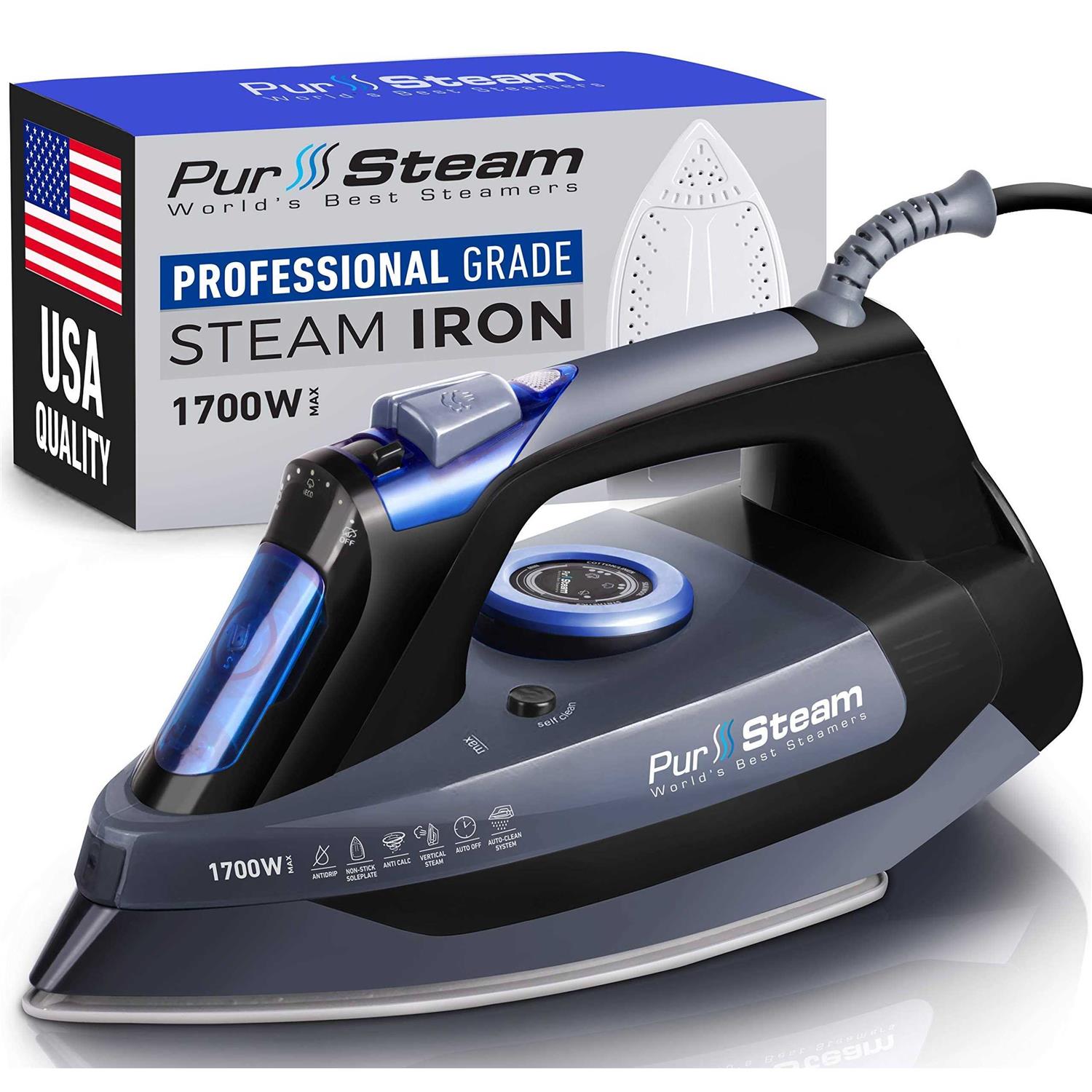 PurSteam World's Best Steamers Professional Grade 1700W Steam Iron for Clothes with Rapid Even Heat Scratch Resistant Stainless Steel Sole Plate