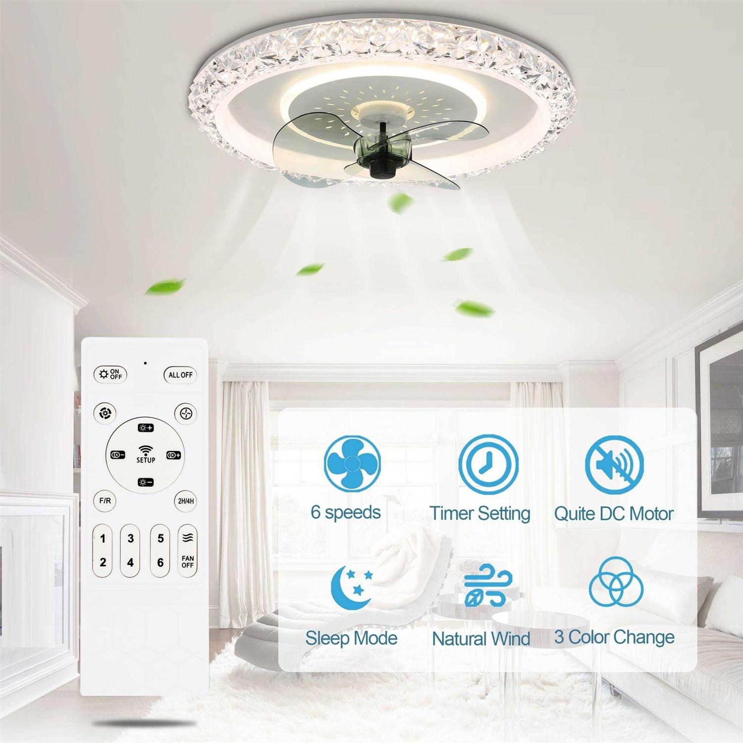 Oaks Aura 20 in. LED Indoor White Glam Crystal Low Profile Ceiling Fan with Light DC2007 - Image 3