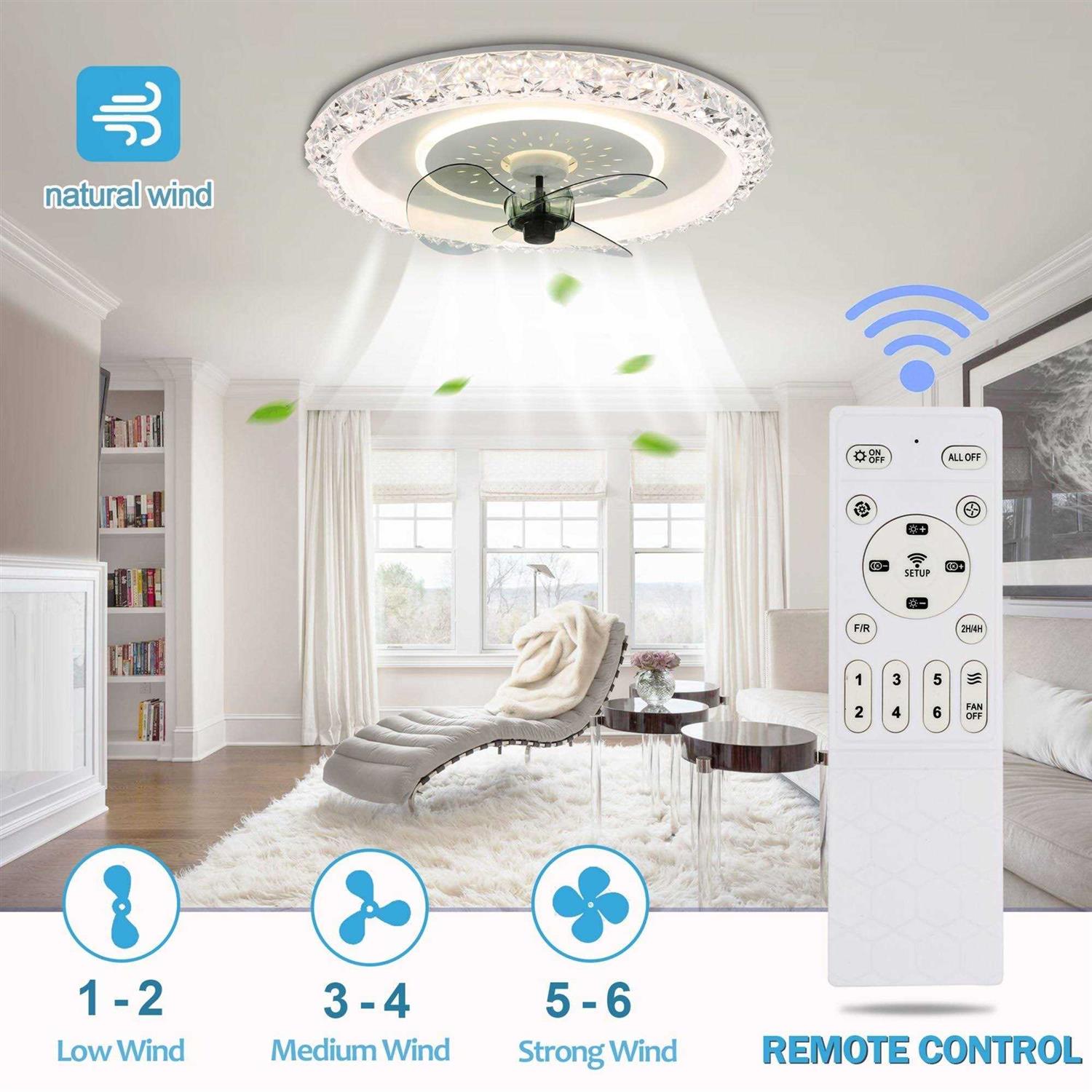 Oaks Aura 20 in. LED Indoor White Glam Crystal Low Profile Ceiling Fan with Light DC2007 - Image 5