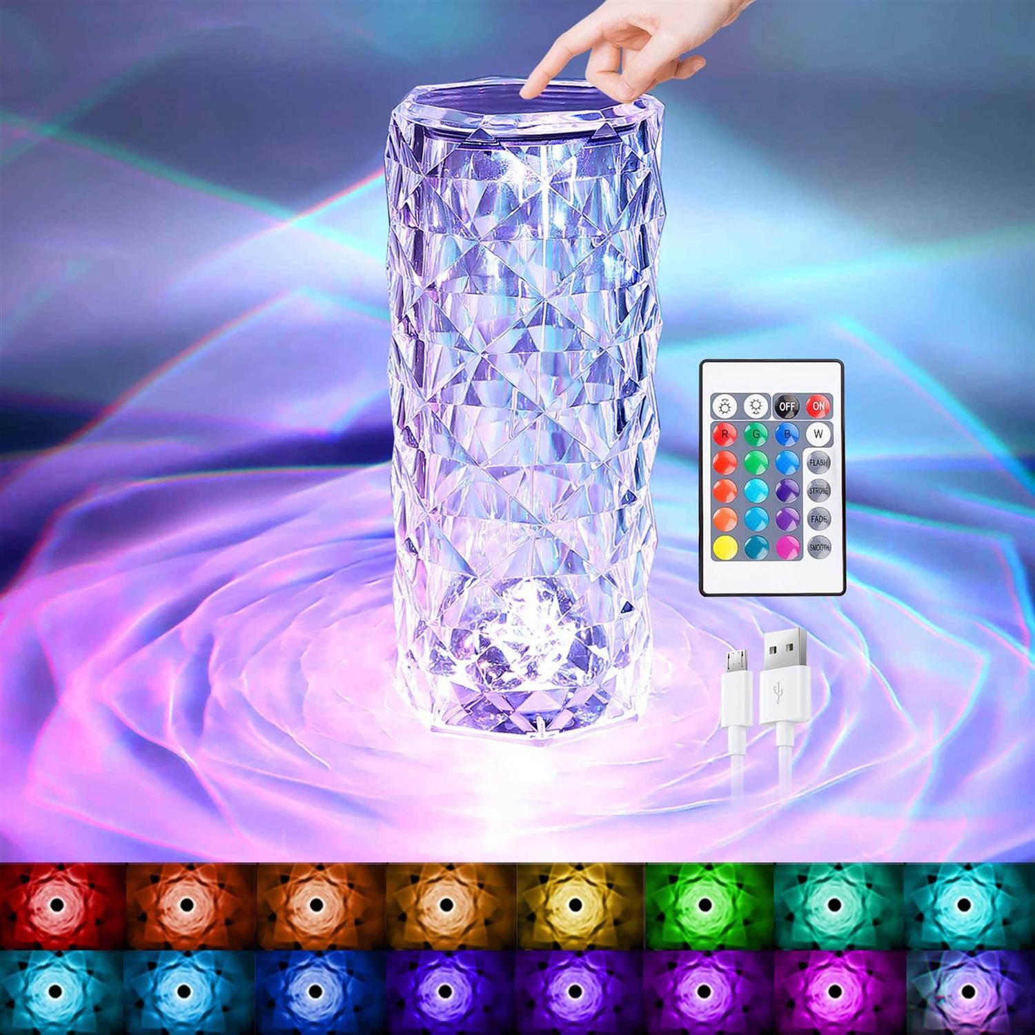Crystal Table Lamp Touch Remote Control Modern Nightstand Lamp 16 Colors Changing Rose Table Lamp USB Rechargeable Bedside Light for Decorating