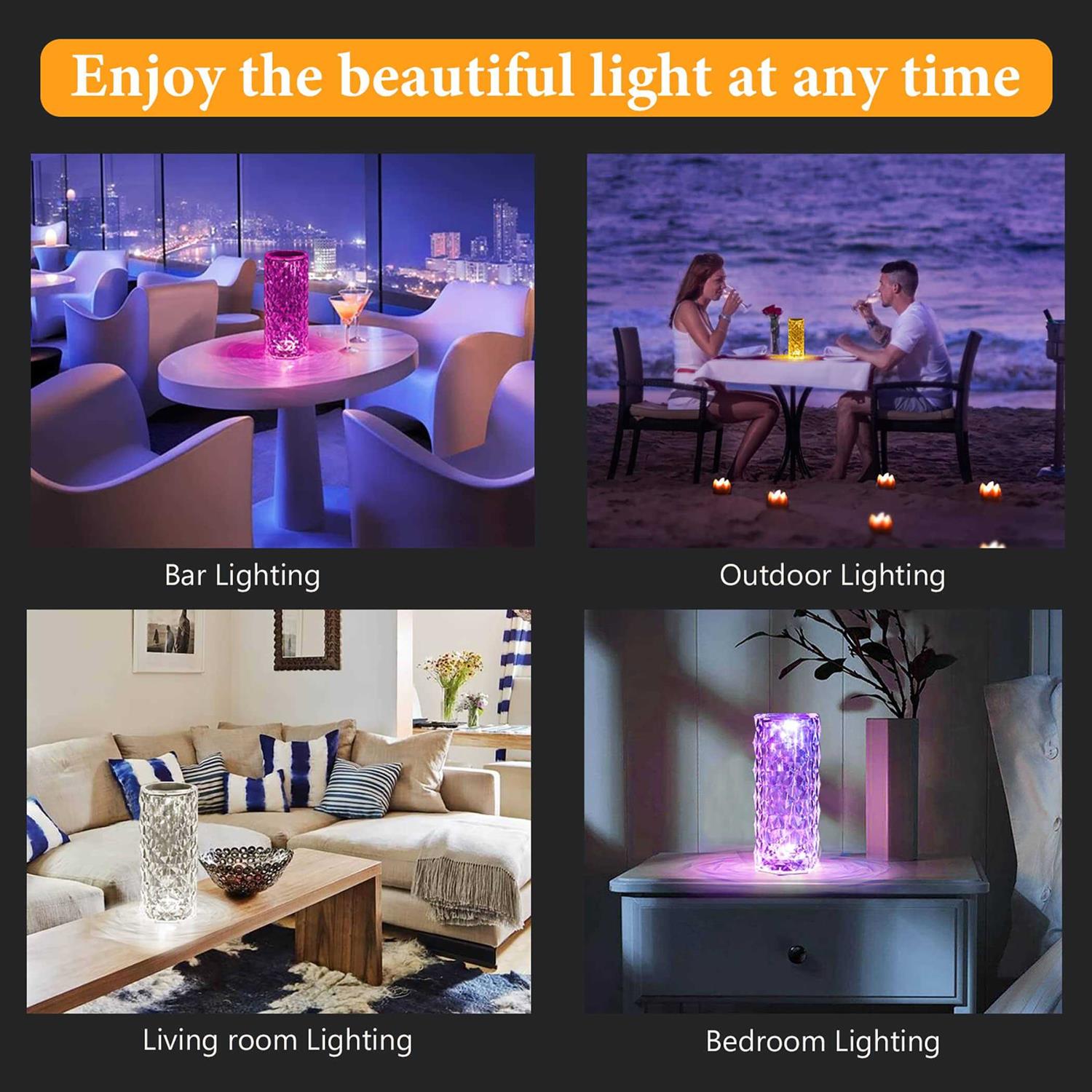 Alternative view of Crystal Table Lamp Touch Remote Control Modern Nightstand Lamp 16 Colors Changing Rose Table Lamp USB Rechargeable Bedside Light for Decorating