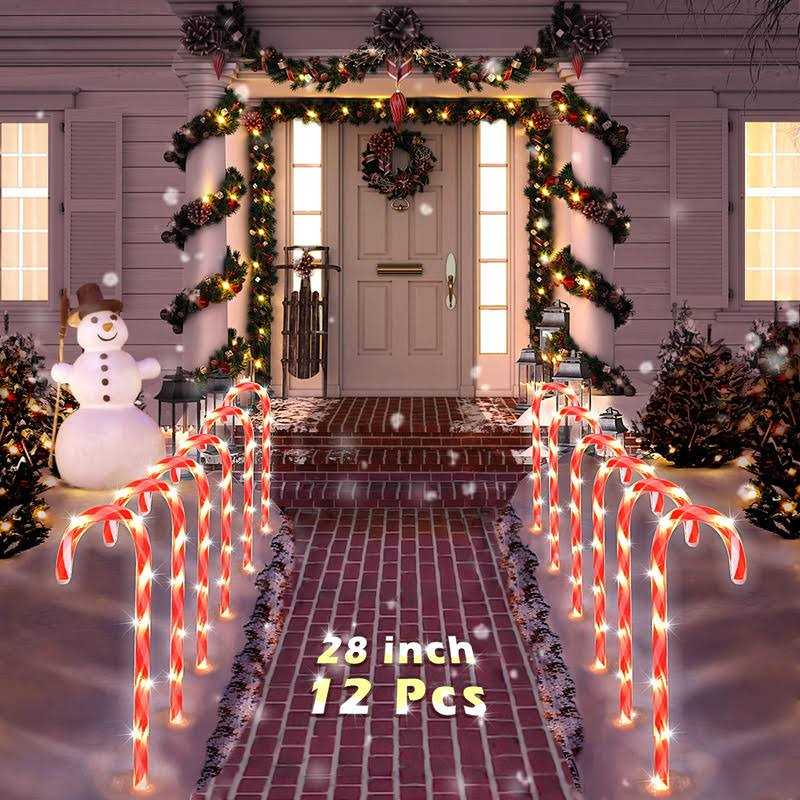COOLWUFAN 28 Christmas Candy Cane Pathway Markers Set of 12 Pack Christmas Outdoor Decorations Pathway Lights with 72 Warm Lights for Christmas
