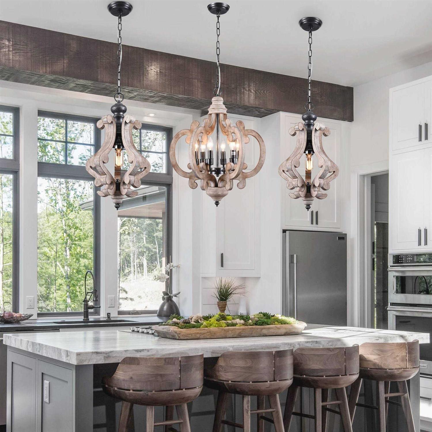 Cusp Barn Modern Farmhouse 6-Light Wood Chandelier Cottage Chic Pendant Light Rustic Coastal Ceiling Light for Kitchen