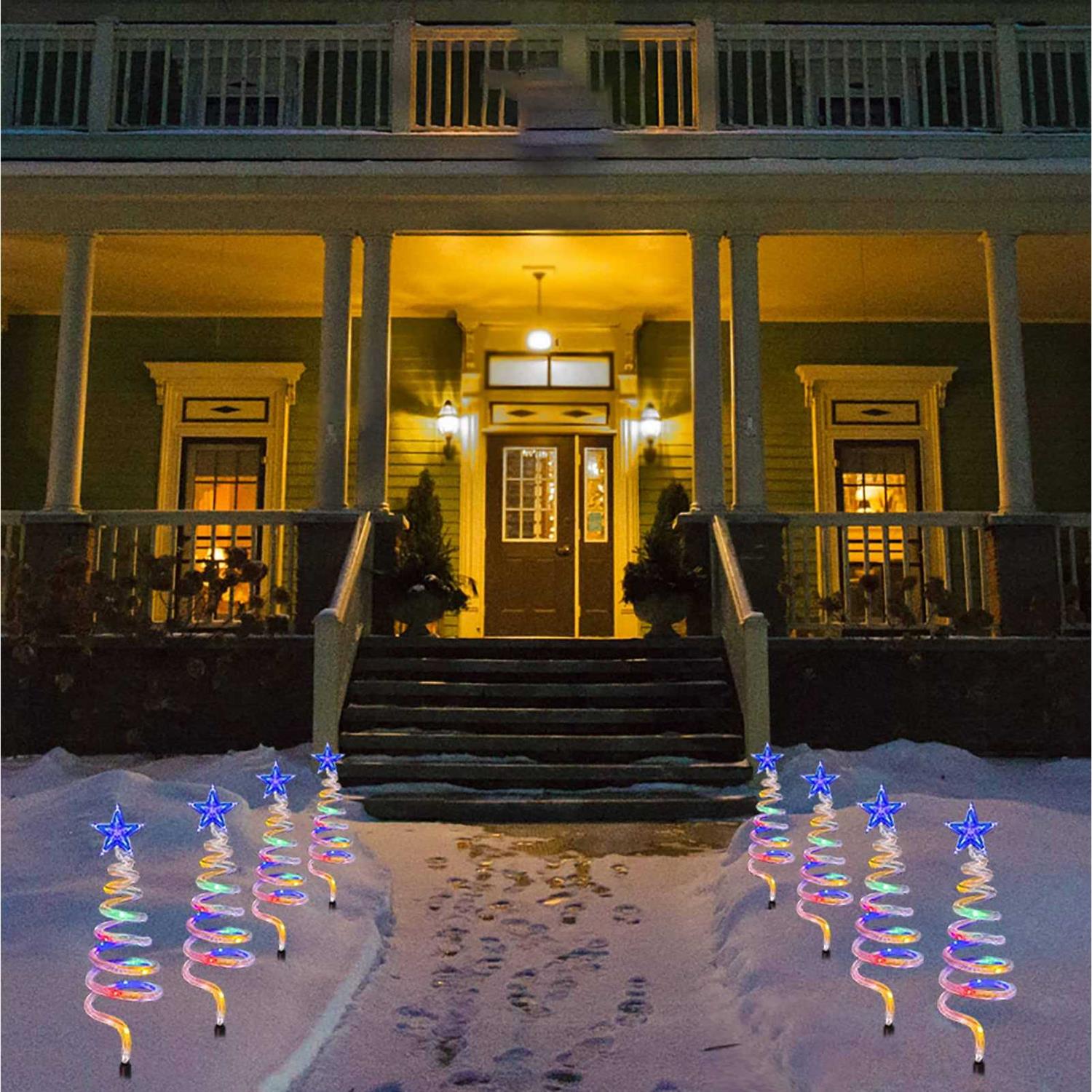 Alternative view of Set of 4 Spiral Christmas Tree Pathway Lights Solar Powered Pre-lit 40 LEDs Pathway Markers Stake Outdoor Christmas Decoration for Path