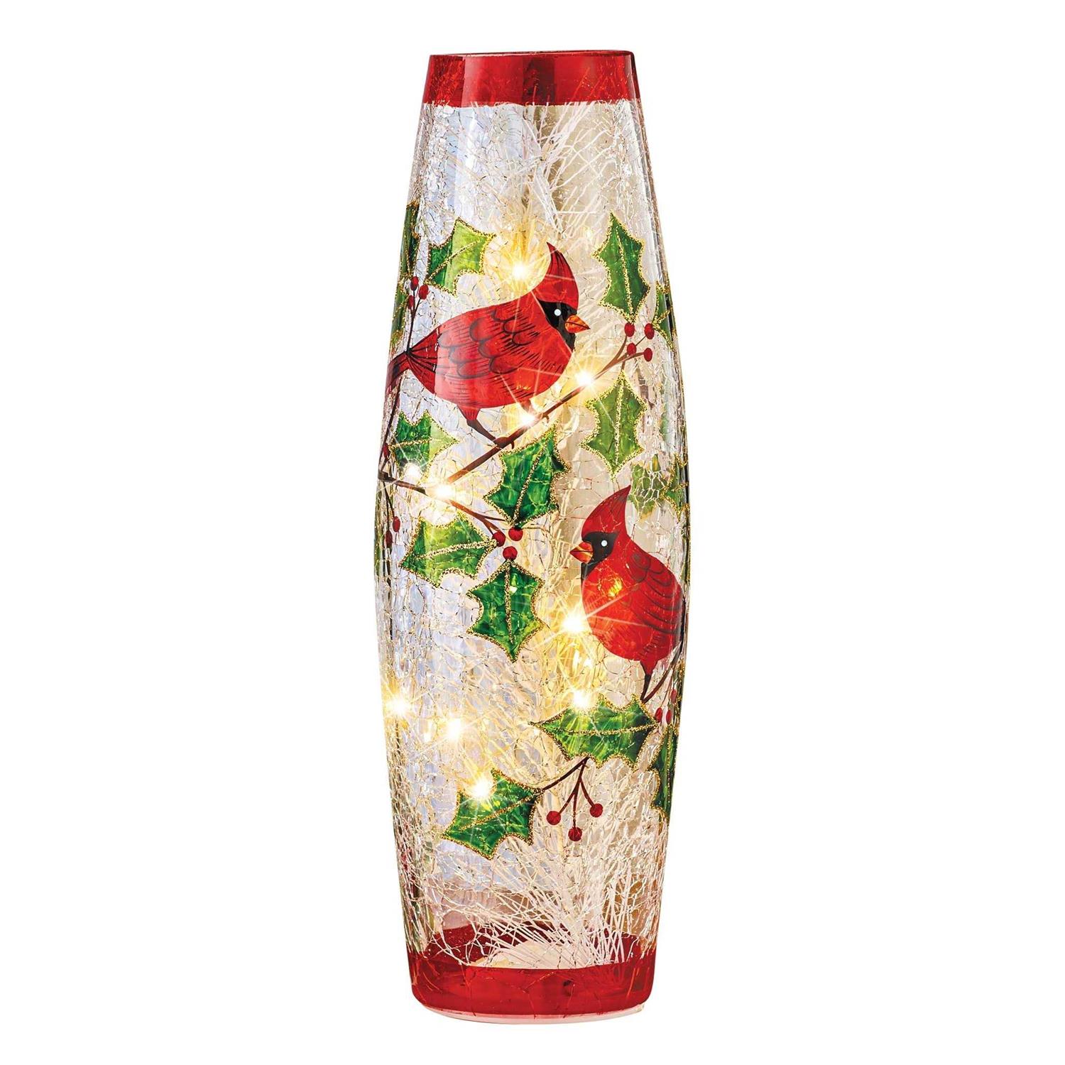 Alternative view of Collections Etc LED Holly Cardinal Crackled Glass Hurricane Lamp